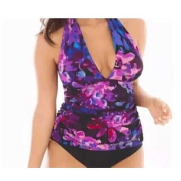Magicsuit US 12 Divine April Pink Purple Floral Ruched Side Halter Tankini Top - Picture 1 of 9